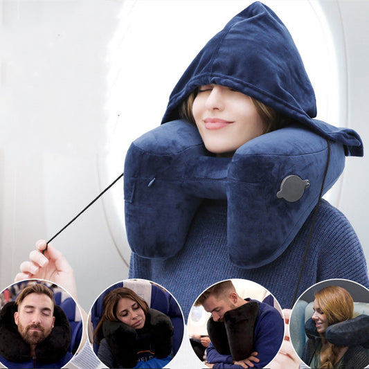 Ergonomic Hooded Travel Pillow | Inflatable Neck Support for Comfortable Sleep Anywhere